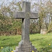 John Perkins' grave in St Denis' churchyard, East Hatley, Cambridgeshire on 14th March 2016. The daffodils were planted in his memory – his sister Martha is in the next grave.