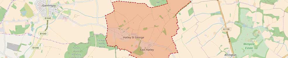 The modern day (2017) civil parish boundary of Hatley, Cambridgeshire.