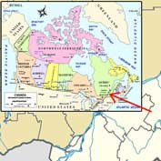 Map of Canada showing the location and area of North Hatley, Quebec.