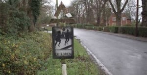 One of the 'Children' signs in Hatley St George, Cambridgeshire – it was stolen on 6th January 2019 and we'd like it back please.