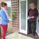 Chatting to Harriet Gould when she was standing for the County Council in April 2022 – from memories of Hatley, by Mervyn Lack, July 2022. Photo: Peter Mann.