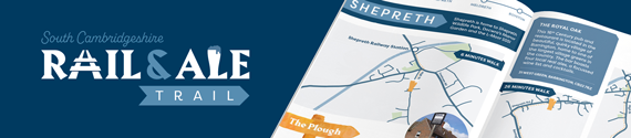 Rail and ale trail booklet, May 2024, featuring five stations in South Cambridgeshire (Foxton, Shepreth, Meldreth, Shelford and Whittlesford Parkway) and highlighting 16 pubs, all within a 35-minute walk from the stations.