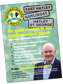 Neighbourhood Watch – combining East Hatley, Hatley St George and Gamlingay, the NHW logo, a photo of Nigel Stevenson, (NHW coordinator for Gamlingay and the Hatleys) and text listing the benefits of joining NHW.
