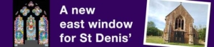 The proposed design for a new chancel / east window by Aidan McRae Thomson for St Denis', East Hatley, Cambridgeshire – March 2024; news update January 2026 with a photo of the church by Peter Mann / www.buzzassociates.co.uk.