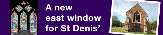 The proposed design for a new chancel / east window by Aidan McRae Thomson for St Denis', East Hatley, Cambridgeshire – March 2024; news update January 2026 with a photo of the church by Peter Mann / www.buzzassociates.co.uk.