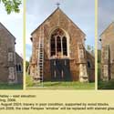 St Denis' church, East Hatley, Cambridgeshire – the east window seen in three stages from covered in security boarding in 2006, to the state of the tracery after the boarding was removed in 2024 to how it now looks following repair of the tracery. Photo: Peter Mann / Buzz Associates.