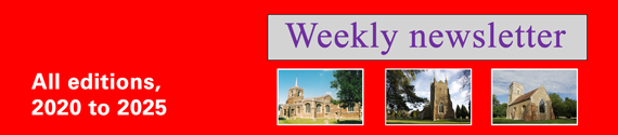Masthead for the St Mary's, Gamlingay, weekly newsletter / red background plus 'All editions 2020 to 2025'.