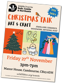 PDF of the Wildlife Trust / Beds, Cambs, Northants' 2026 Christmas Fair poster.  The Fair is on Friday, 27th November from 3.00 to 7.00 pm at the Trust's HQ: The Manor House, Cambourne, CB23 6DH.