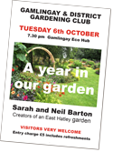 Gamlingay & District Gardening Club – meeting on Tuesday, 6th October 2026 / 7.30 pm at the Eco Hub in Gamlingay: Sarah and Neil Barton's garden in East Hatley.  Visitors very welcome – entry charge £5 includes refreshments.