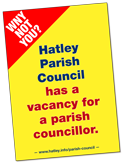 Graphic advertising a vacancy for a new councillor on Hatley Parish Council.
